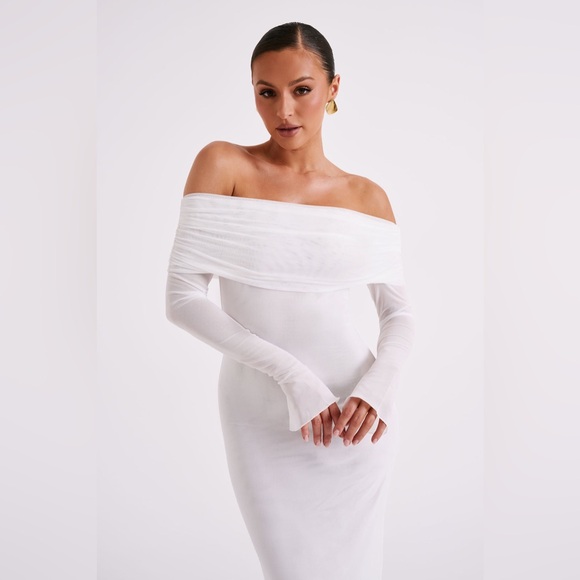 Meshki Josie Off Shoulder Mesh Maxi Dress Small in Ivory Wedding Bridal - Picture 5 of 13